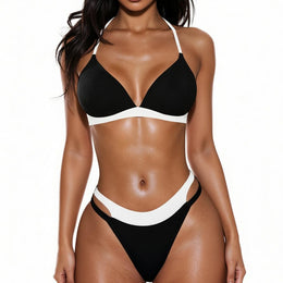 Ribbed Colorblock Halter Bikini Set