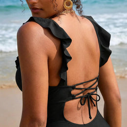 Ruffle V-Neck Backless One-Piece Swimsuit