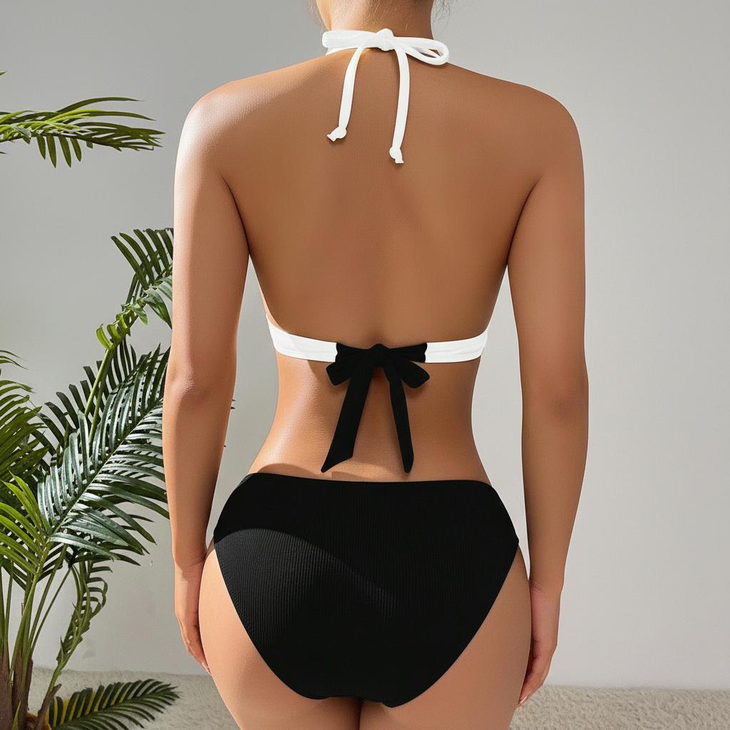 Ribbed Colorblock Halter Bikini Set