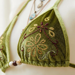 Olive Velvet Beaded Triangle Bikini Set