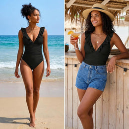 Ruffle V-Neck Backless One-Piece Swimsuit