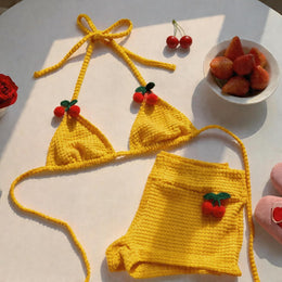 Crochet Cherry High-Waist Bikini Set