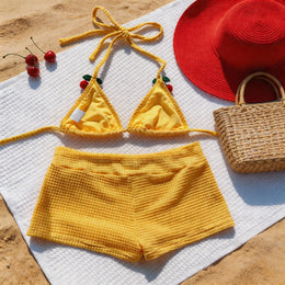 Crochet Cherry High-Waist Bikini Set