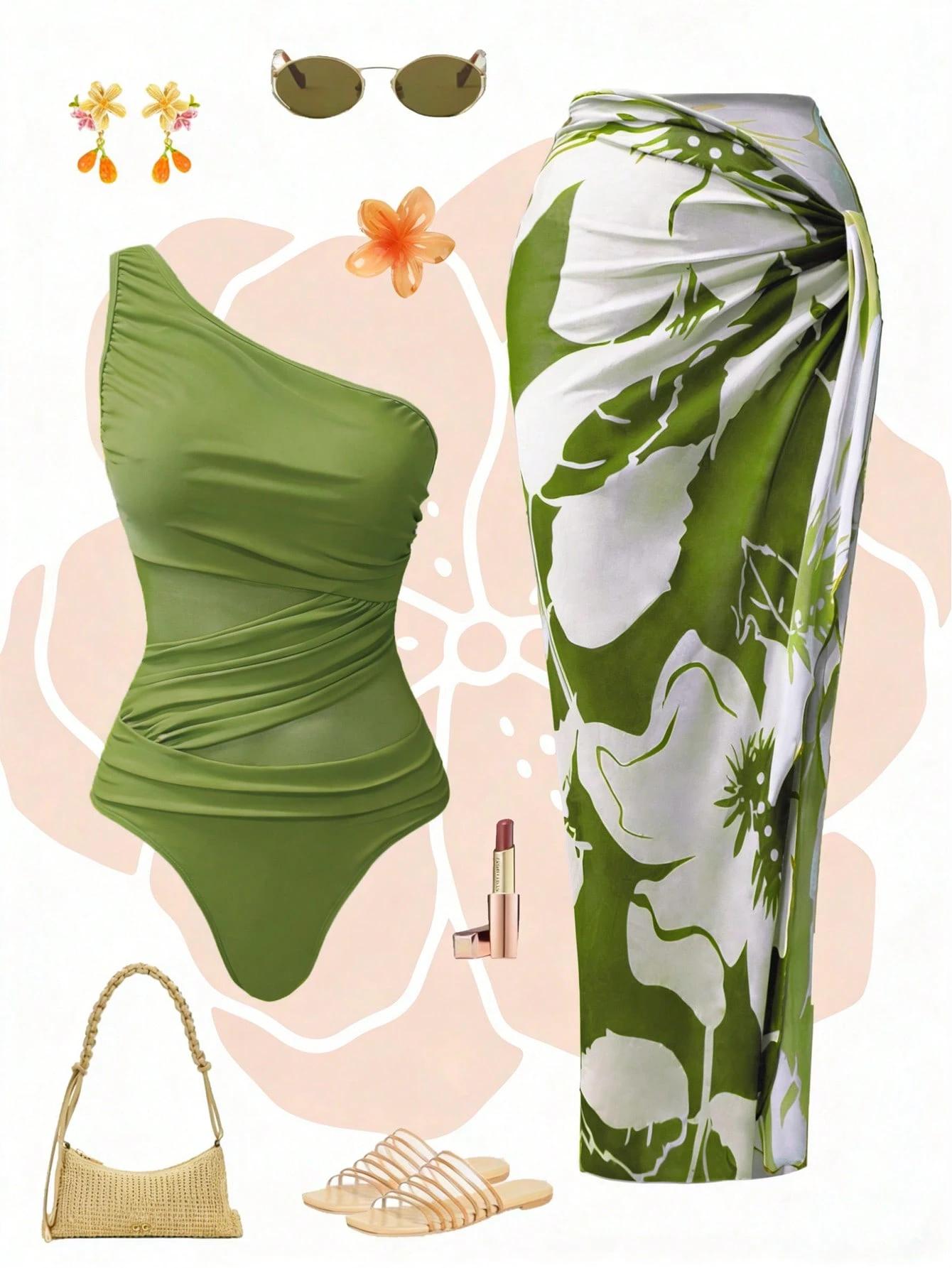 One-Shoulder Swimsuit with Floral Sarong Set