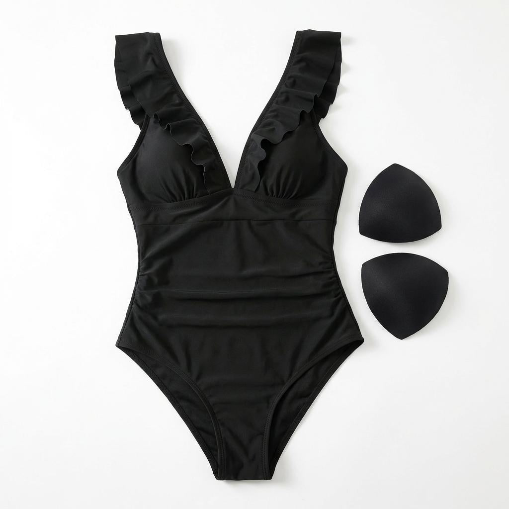 Ruffle V-Neck Backless One-Piece Swimsuit