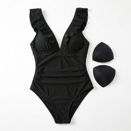 Ruffle V-Neck Backless One-Piece Swimsuit